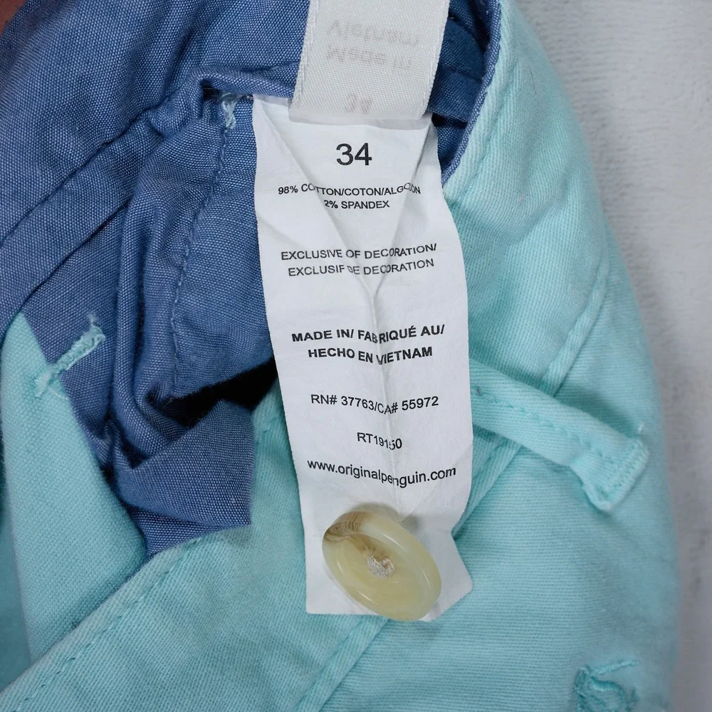 Original Penguin Mens Chino Shorts Seafoam Blue Size 34 Cotton Stretch 7 Inseam